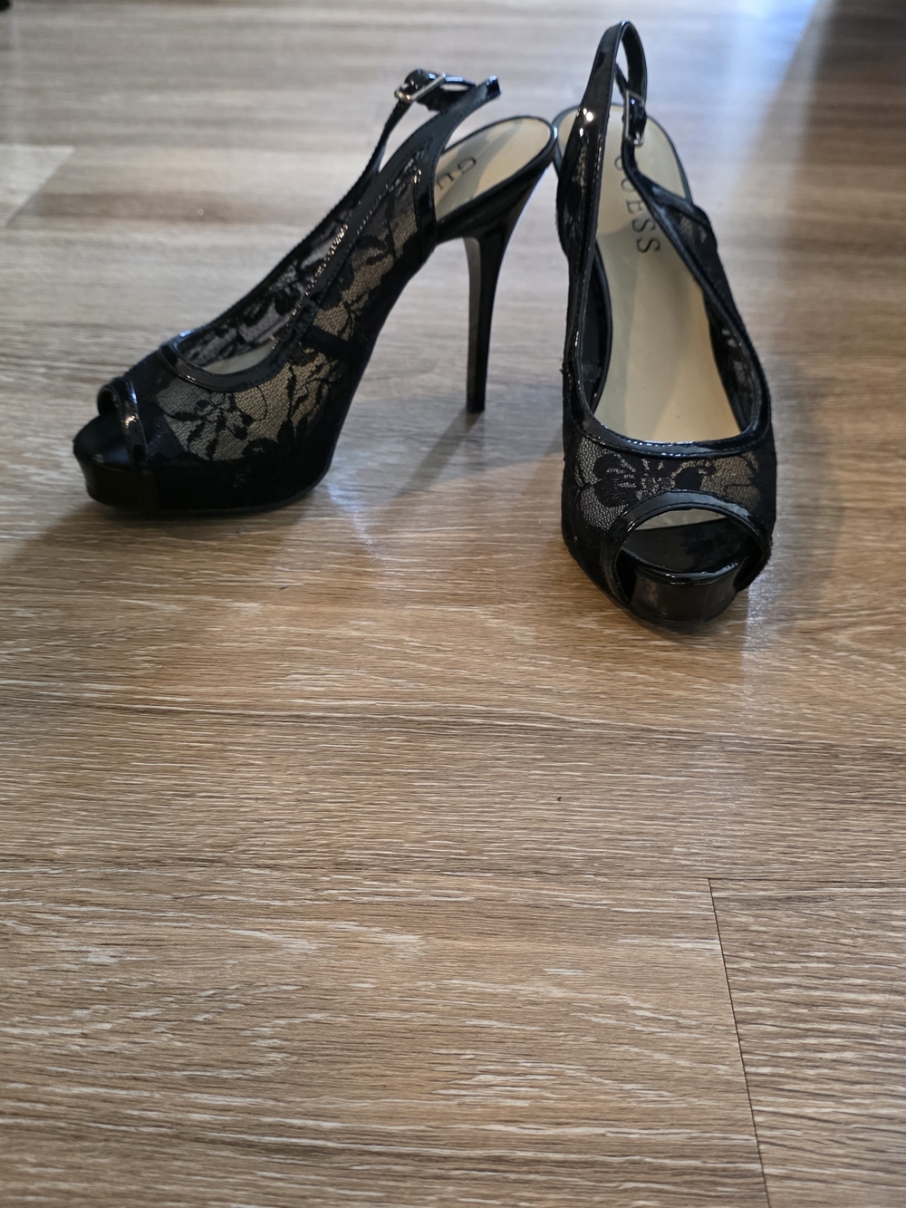 Guess Black Lace Peep-Toe Slingback Pumps